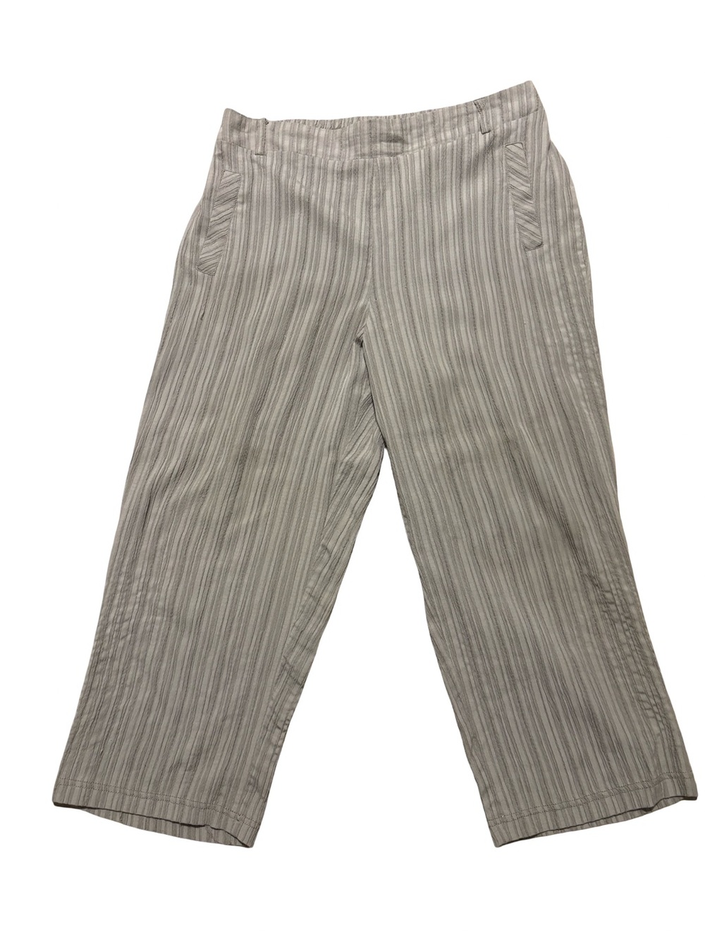 Soho Tan Gray Thin Stripe Coastal Beachy Rayon Blend Casual Cropped Pants Medium